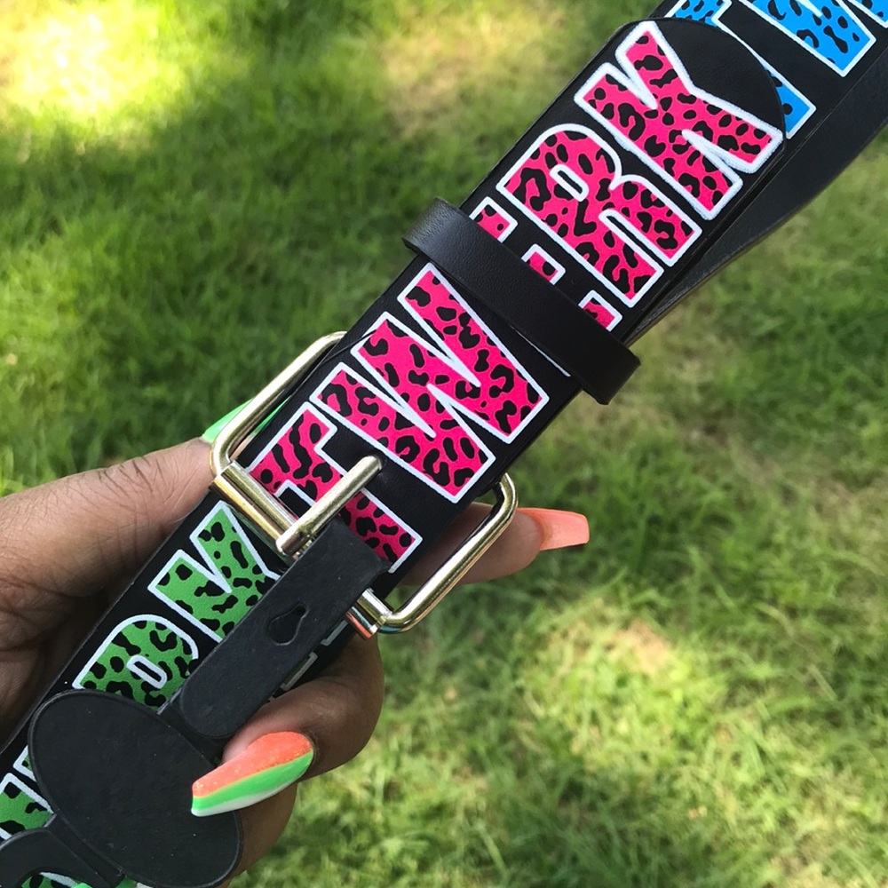 Black Multi Colored TWERK Leopard Print Font Belt